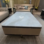 White Marble-Top Coffee Table with Cream Woven Leather Sides and Dark Glossy Frame
